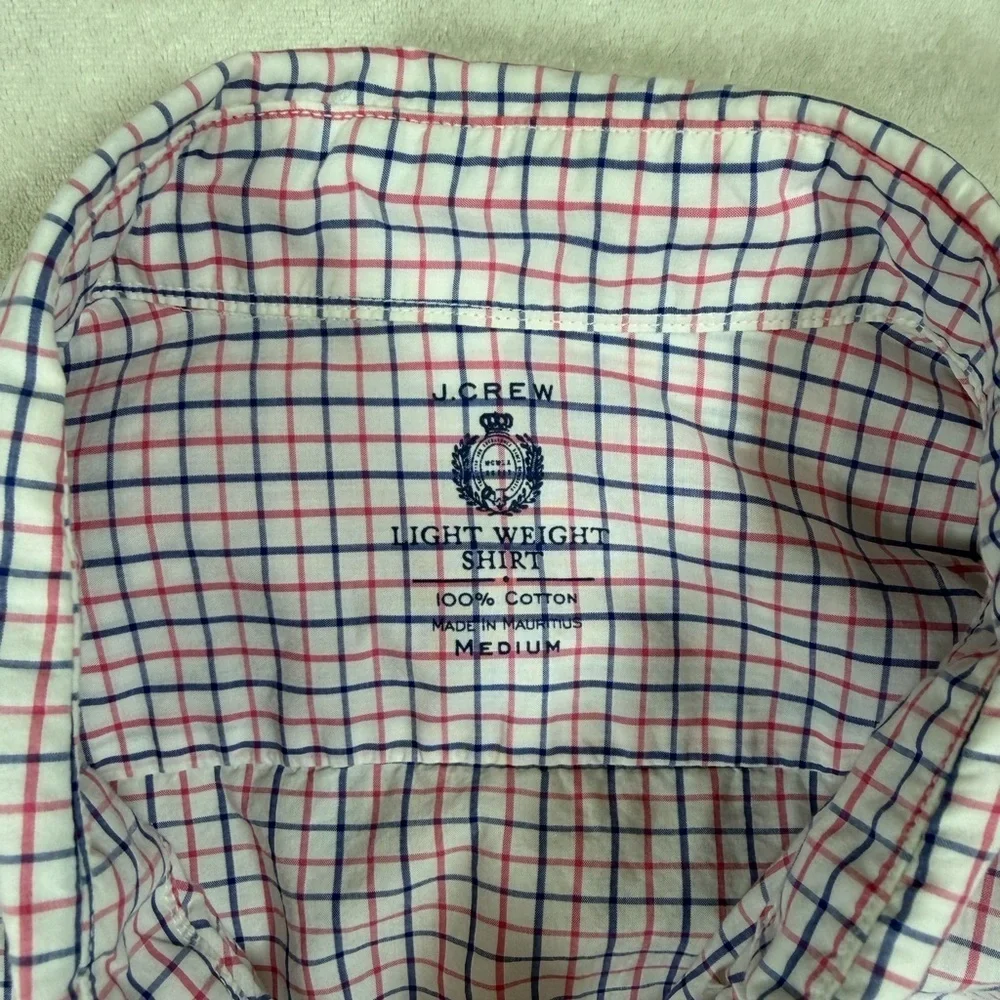 J. Crew Men's Medium Light Weight Pink and Blue Plaid Button Down Shirt